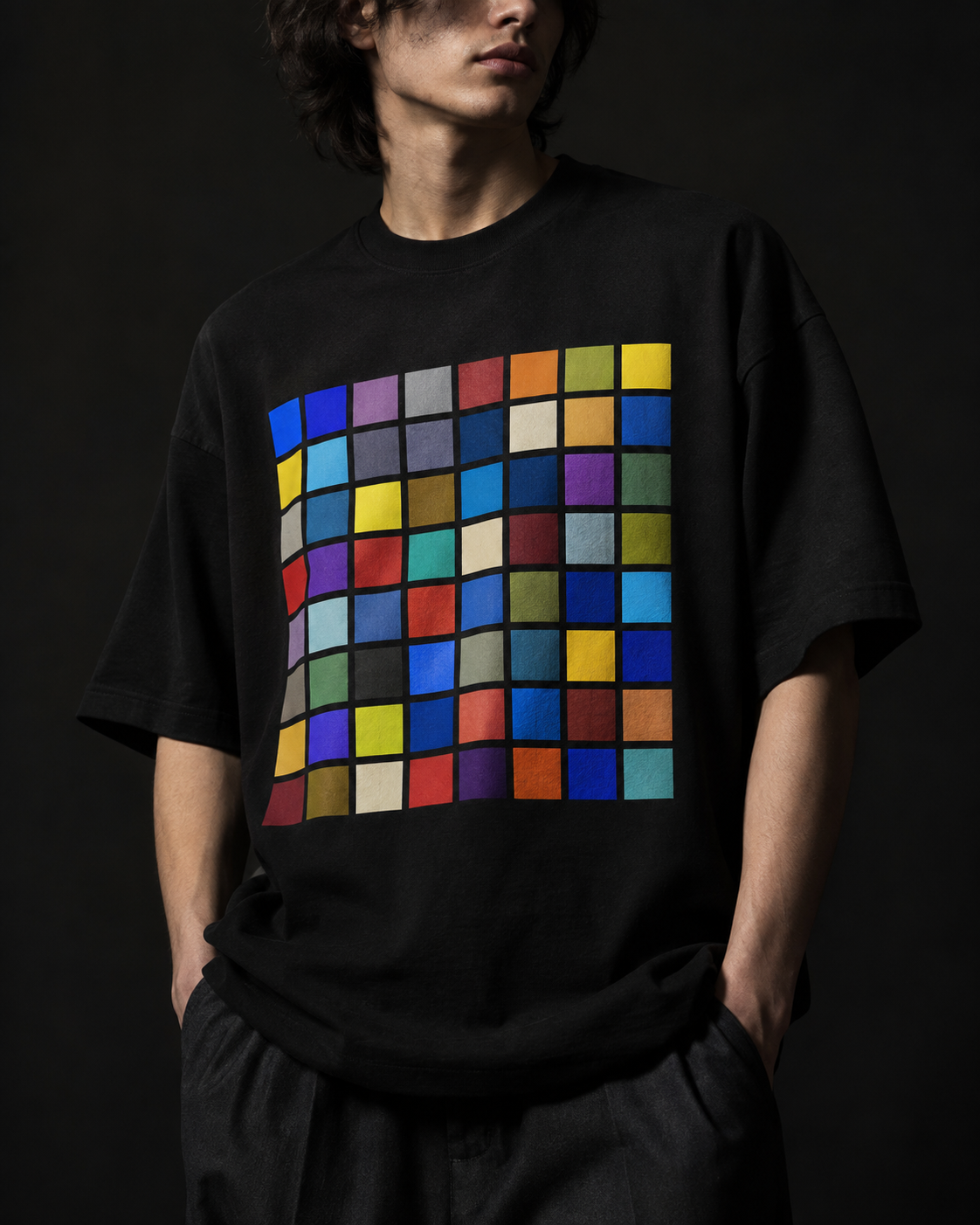 Model wearing a black oversized tee with a colorful square grid print