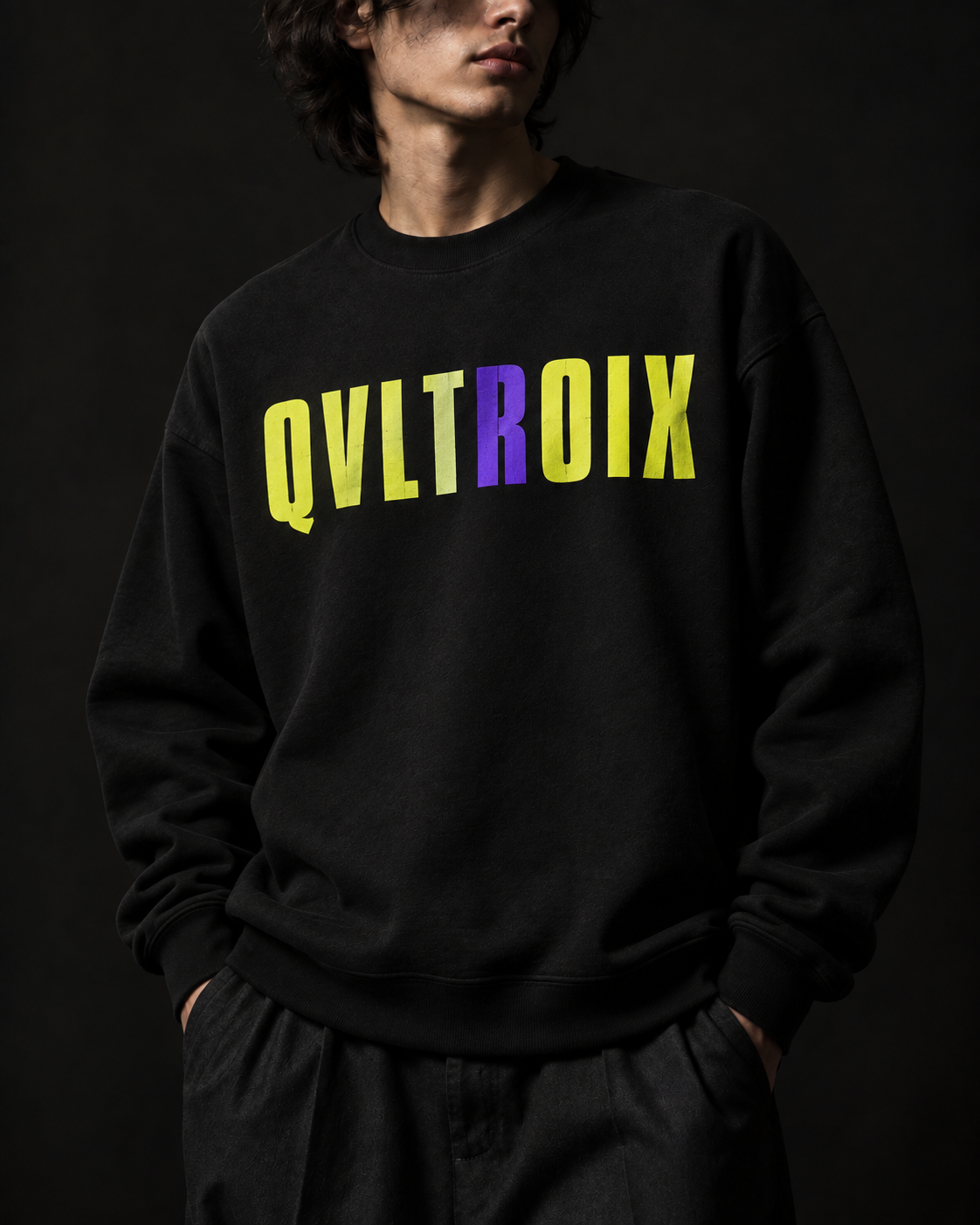 Black crewneck with an eight-letter printed sample
